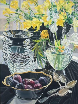 flores en vidrio y frutas realismo JF bodegón Pinturas al óleo